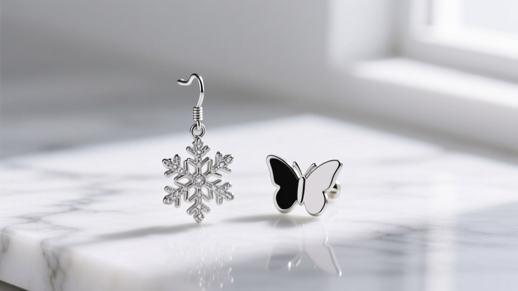 Macro photo of a 20-gauge silver snowflake dangle earring post next to a butterfly friction back on a white marble surface