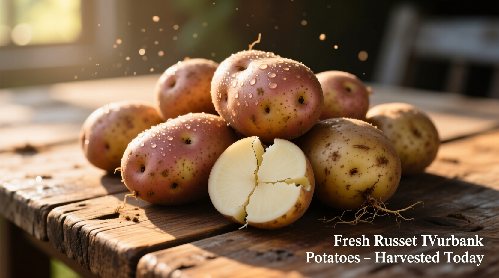 Fresh Russet Burbank potatoes on wooden table