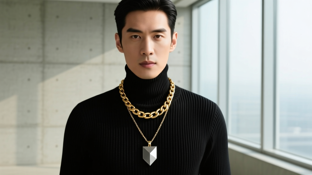 Man wearing layered 18k gold Cuban link and matte titanium pendant necklaces over a black ribbed turtleneck sweater.