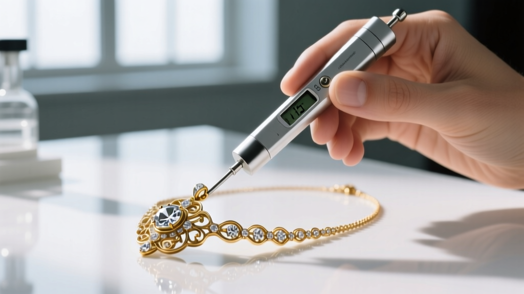 Gemologist hands using a modern thermal conductivity diamond tester on a delicate antique pendant necklace in a bright laboratory.