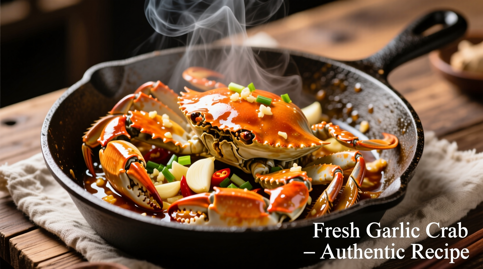 Fresh garlic crab in cast iron skillet