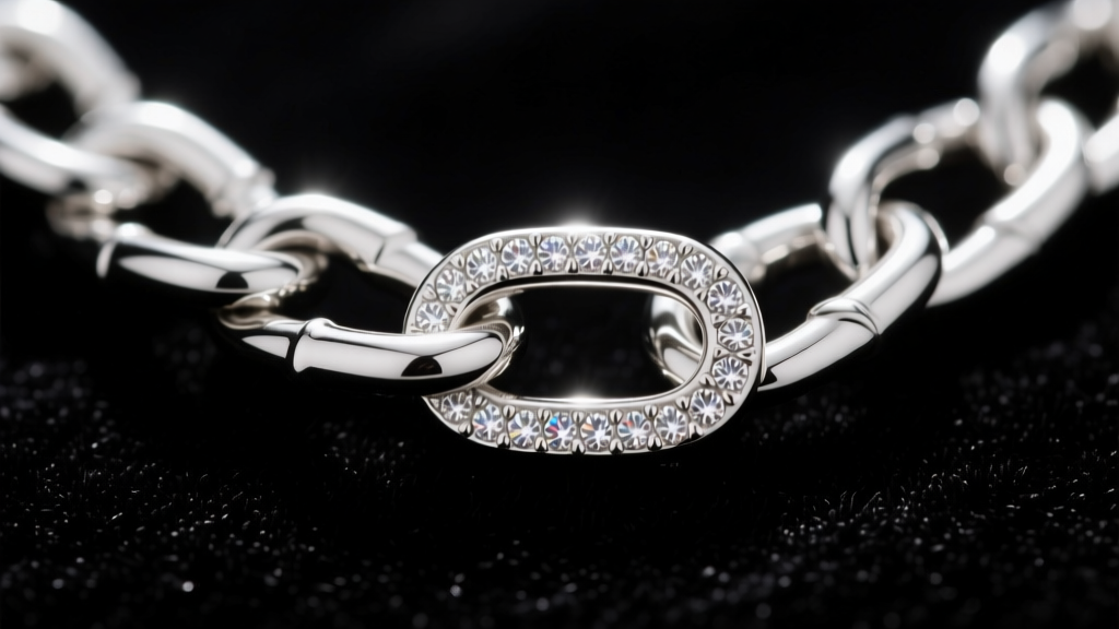 Macro shot of a 935 Argentium silver USA necklace chain link, highlighting the bright untarnished finish against dark velvet.