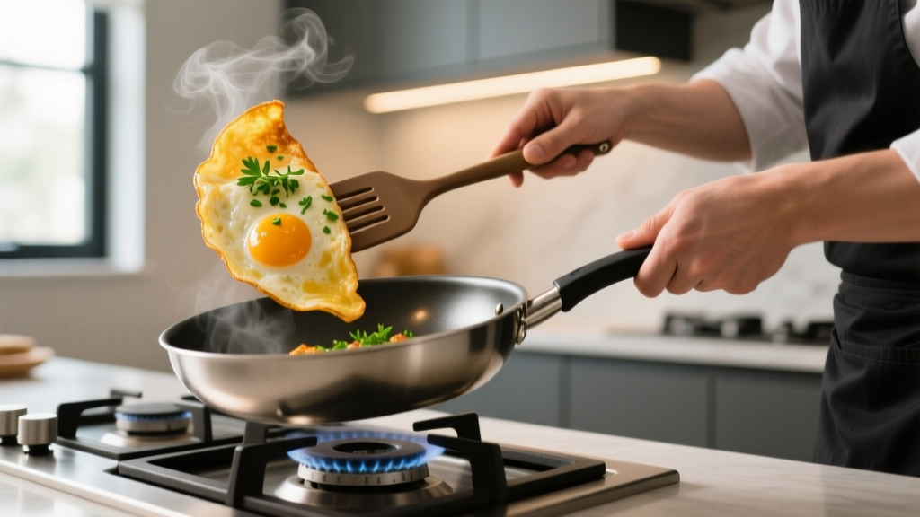 Home cook flipping a delicate omelet in a ceramic-coated non-stick skillet using a seamless silicone spatula over a gas stove burner