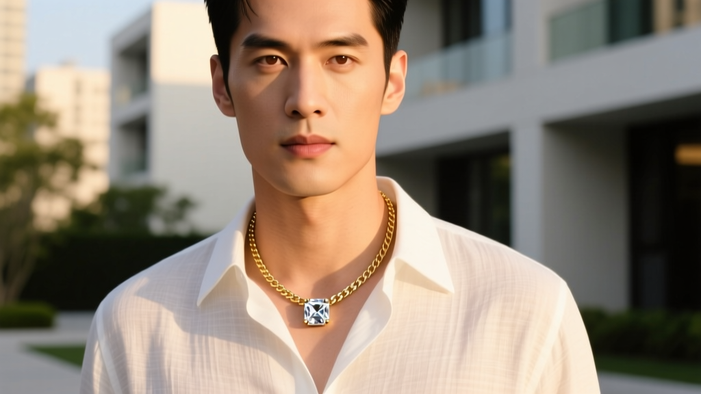 Man wearing a 5mm iced tennis icing necklace and plain gold chain layered over a white linen button-down shirt in warm sunlight.