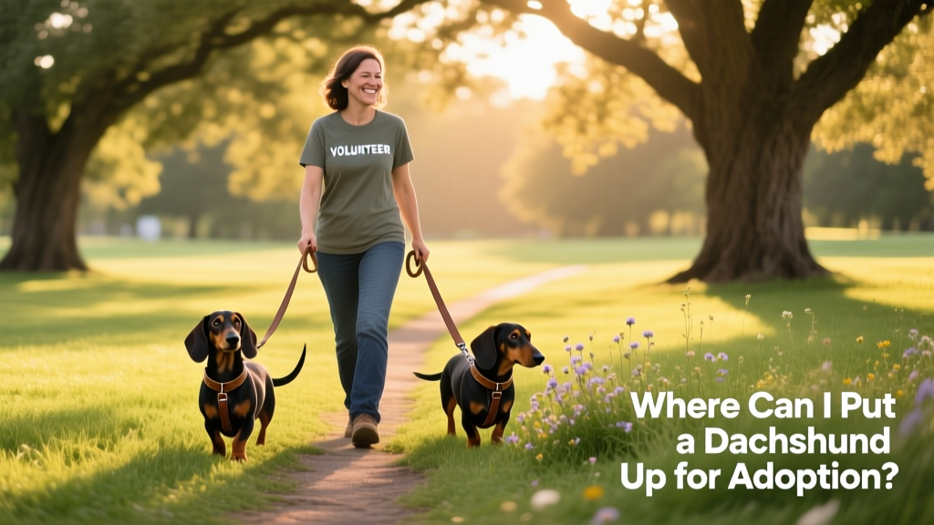 A friendly volunteer walking two Dachshunds on leashes in a grassy, shaded park