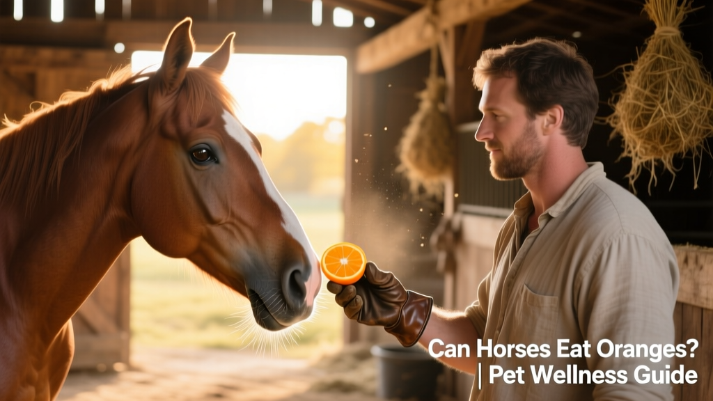 A horse gently accepting an orange slice from a handler's hand