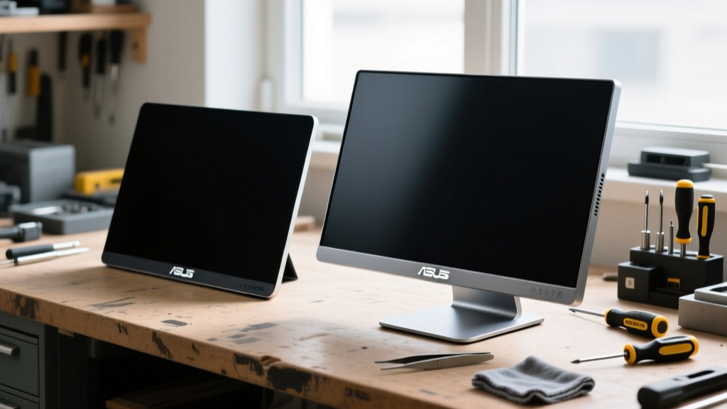 Side-by-side durability comparison of an ASUS ZenScreen OLED and an aluminum portable monitor on a repair workbench