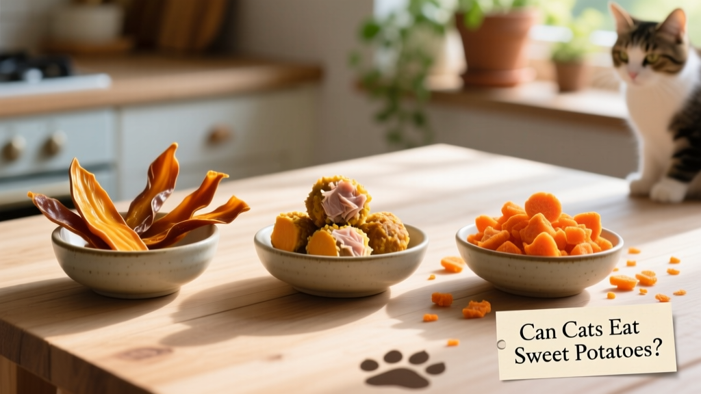 Three small bowls: one with sweet potato jerky strips, one with bite-sized tuna-sweet potato patties, and one with freeze-dried sweet potato treats—all arranged on a clean wooden surface