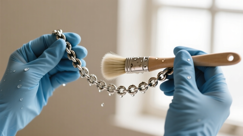 Hands in blue gloves gently brushing a tarnished 16-inch sterling silver chain with a soft-bristled brush and mild soapy water.