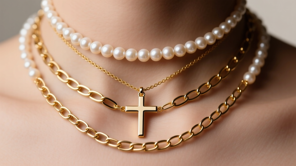 Close-up of a layered stack with a 16-inch skinny cross necklace, an 18-inch gold paperclip chain, and a 14-inch pearl choker.
