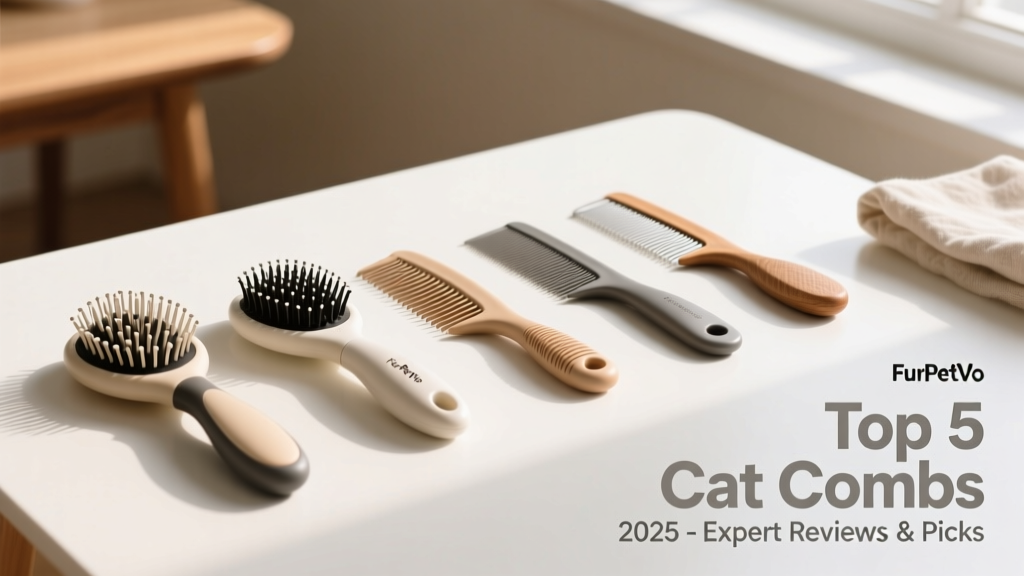 Side-by-side comparison of five FurPetVo combs laid out on a clean white surface