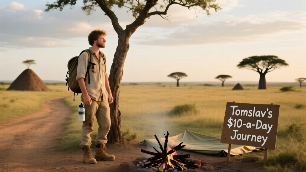 Tomislav, a travel blogger and budget traveler, stands next to a lone tree in Tanzania, Africa