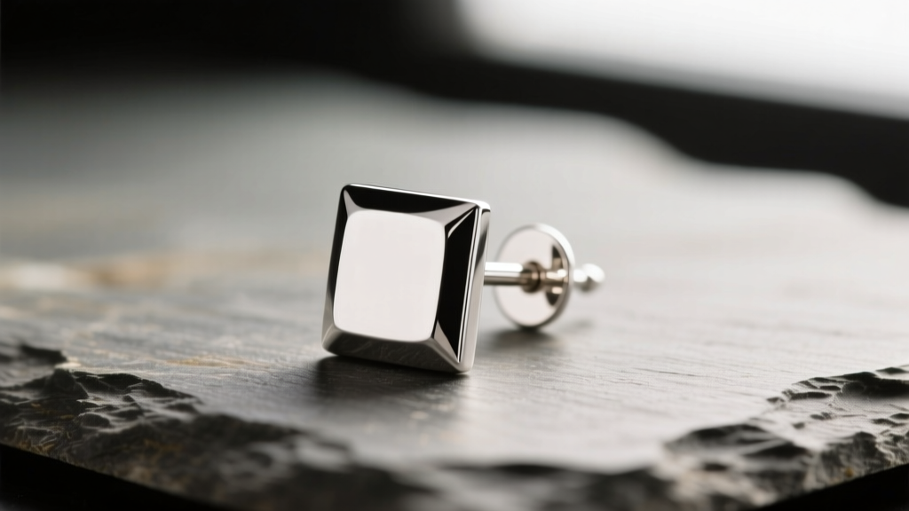 Macro shot of a beveled 925 sterling silver square stud earring on slate, highlighting polished edges and a 20-gauge post.