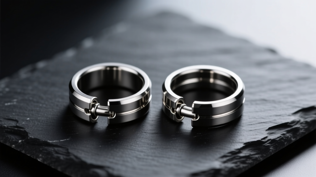 Two 16-gauge implant-grade titanium seamless clicker rings on dark slate, highlighting the hidden hinge mechanism details clearly