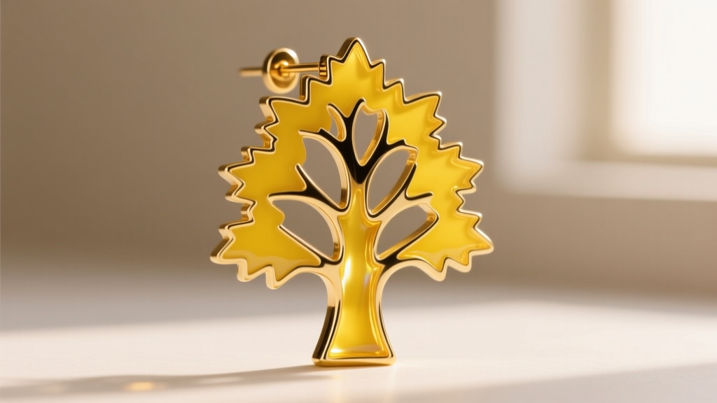 Macro shot comparing rough laser-cut yellow acrylic edges with smooth kiln-fired vitreous enamel on a gold tree cake earring