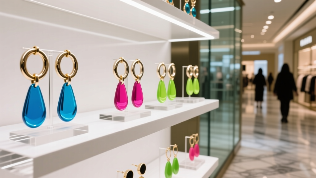 Vibrant retail display of assorted fashion earrings including Y2K charm hoops and colorful resin drops under bright mall lighting