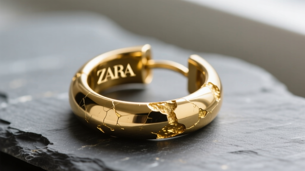 Macro shot of a gold-plated brass Zara hoop earring on slate, showing microscopic plating wear near the metal hinge.