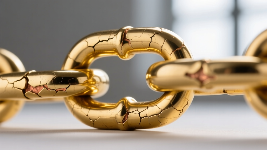 Macro shot of a brass chain link showing microscopic wear on the 14k gold plating, revealing the yellowish copper-zinc base metal.
