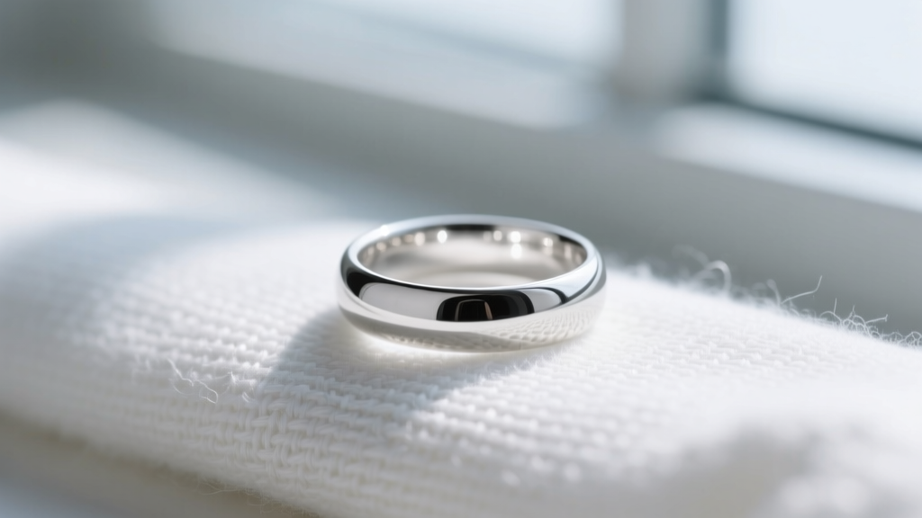 Macro shot of a polished sterling silver ring on untreated white cotton flannel, highlighting the tight fabric weave texture.