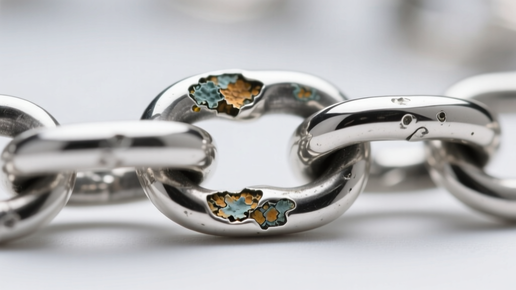 Macro photography showing microscopic tarnish buildup in the crevices of a 925 sterling silver box chain link