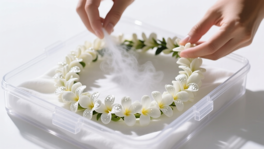 Hands misting a fresh white pikake flower lei necklace with water inside a clear plastic humidity-controlled storage container