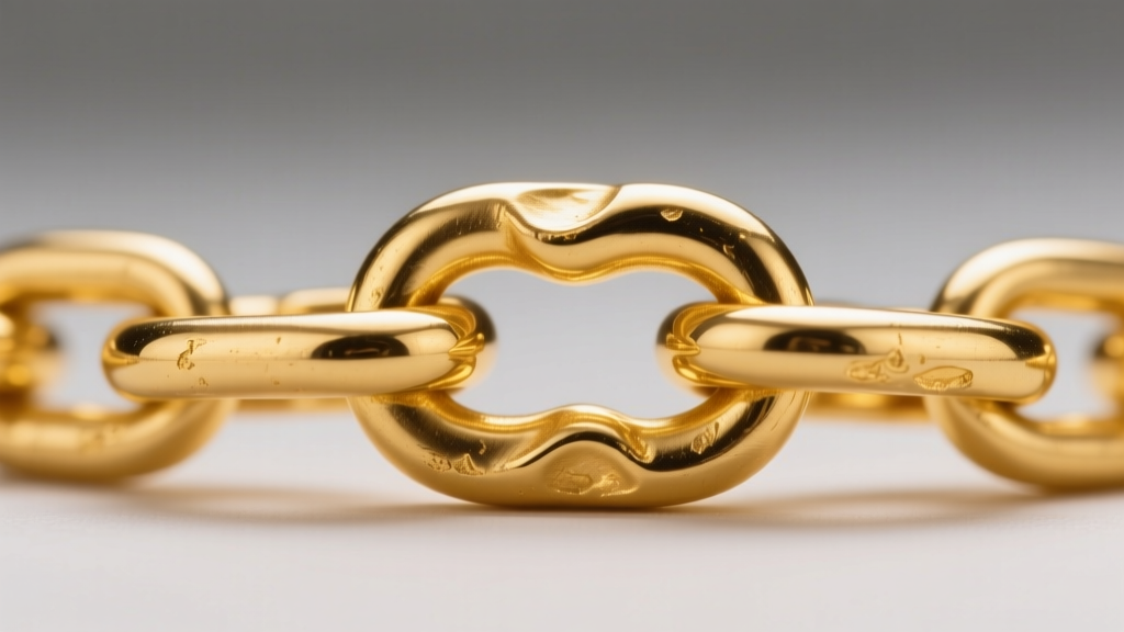 Macro shot of a 24k gold Thai baht chain link, showing the soft metal texture and deep yellow color typical of pure gold.