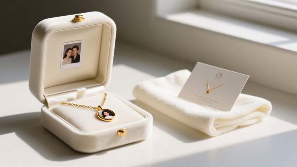 Open velvet box holding a gold vermeil memory necklace with photo, next to a microfiber cloth and a printed jewelry care card.
