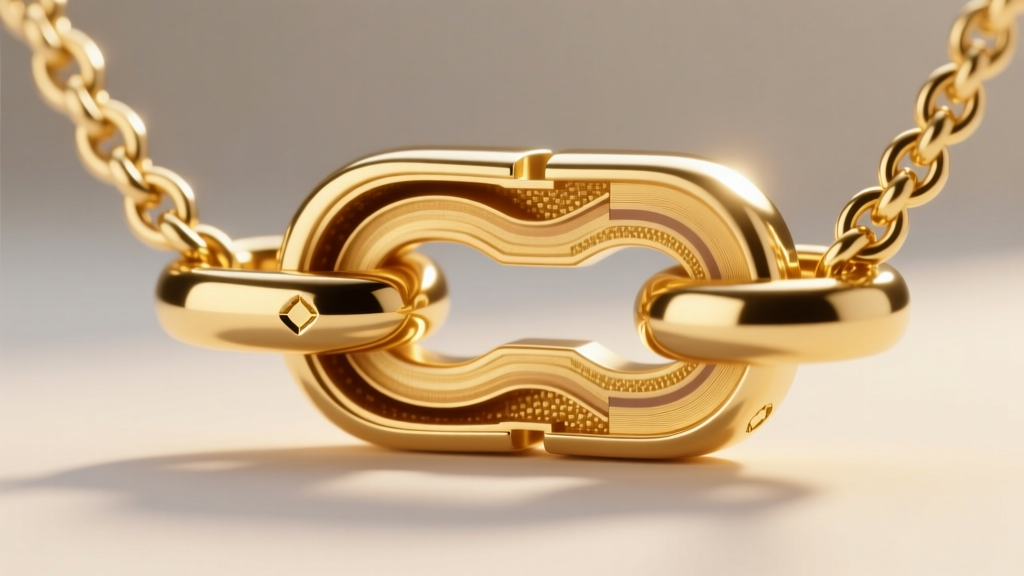 3D render of an 18k gold Quincy necklace link cross-section showing internal density and Vickers hardness testing indentations.