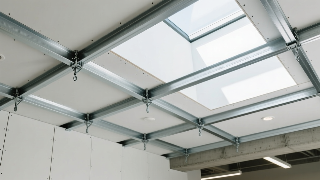 Galvanized steel furring channels and hanger wires supporting newly installed white gypsum board panels in a commercial ceiling.