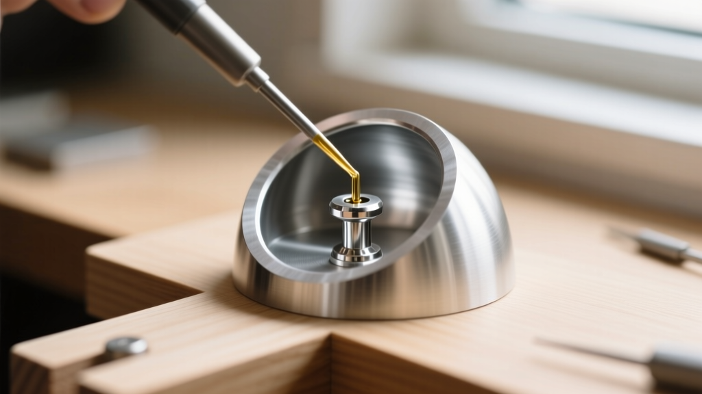 Titanium flat-back labret post being epoxied to the inside of a hollow aluminum crafting dome on a wooden jeweler