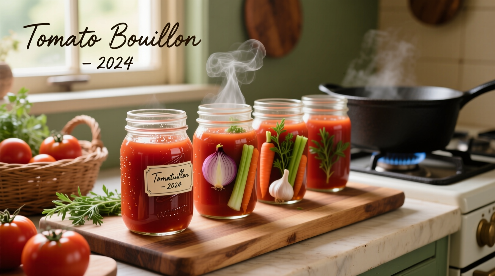 Homemade tomato bouillon preparation in mason jars