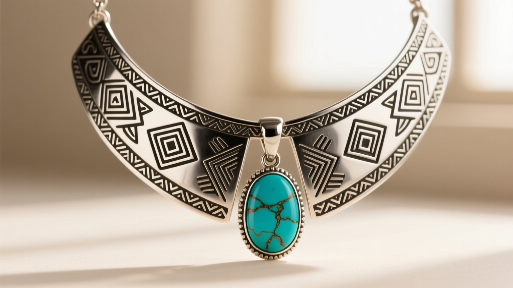 Close-up of a heavy sterling silver Lupe Lovato necklace featuring hand-stamped Southwestern motifs and a turquoise pendant.
