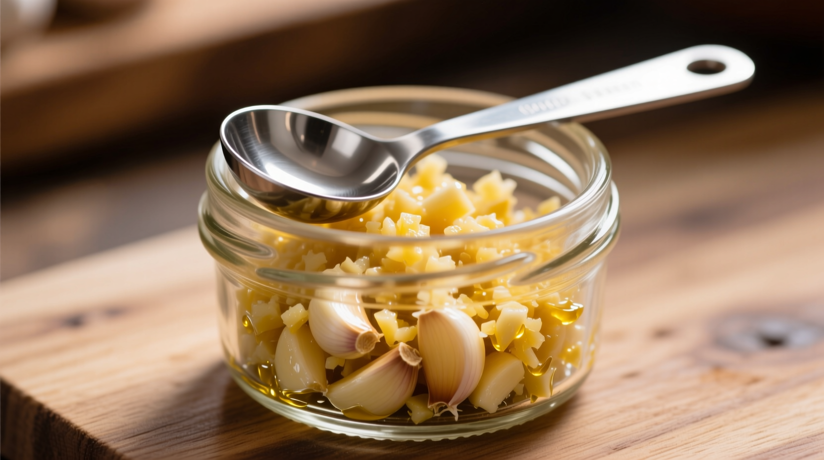 Minced garlic in glass jar with measuring spoon