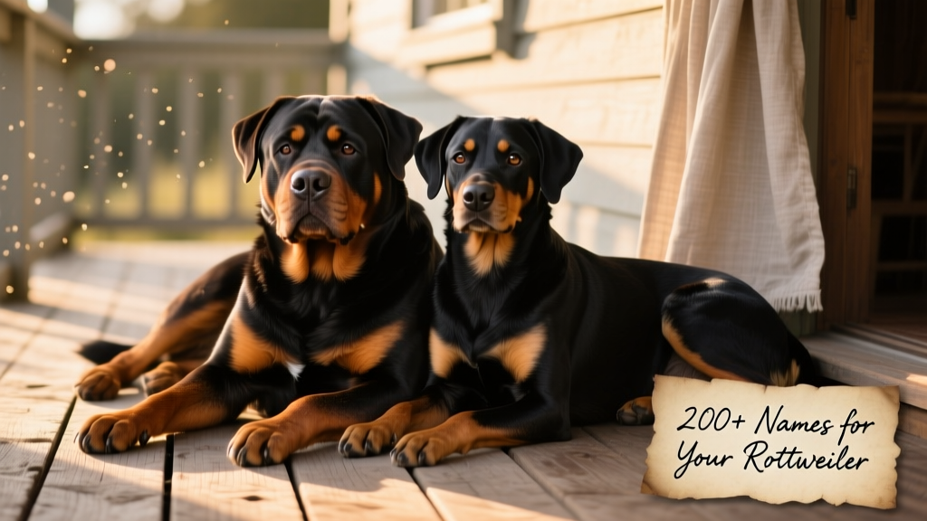 Two Rottweilers—one male and one female—resting side by side on a sunlit porch