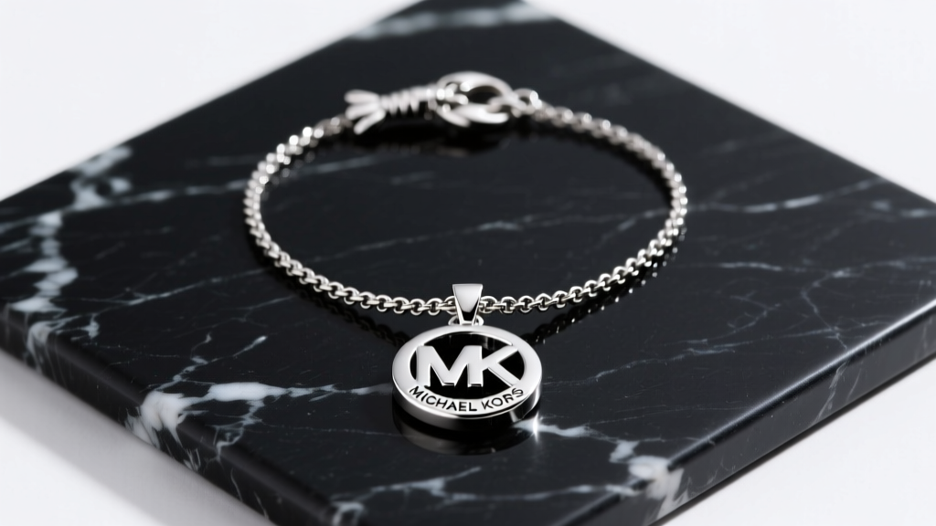 Flat lay of a Michael Kors 925 sterling silver logo pendant necklace on dark marble, highlighting the lobster clasp and chain links