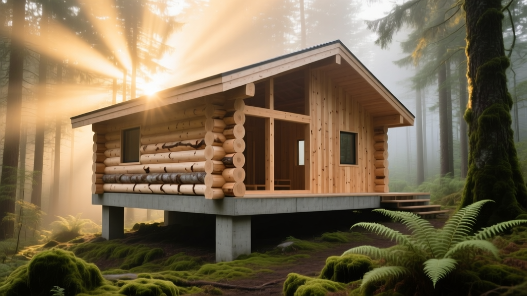 Sunlit unfinished timber frame cabin structure with stacked Eastern White Pine logs and a concrete pier foundation in a dense forest setting