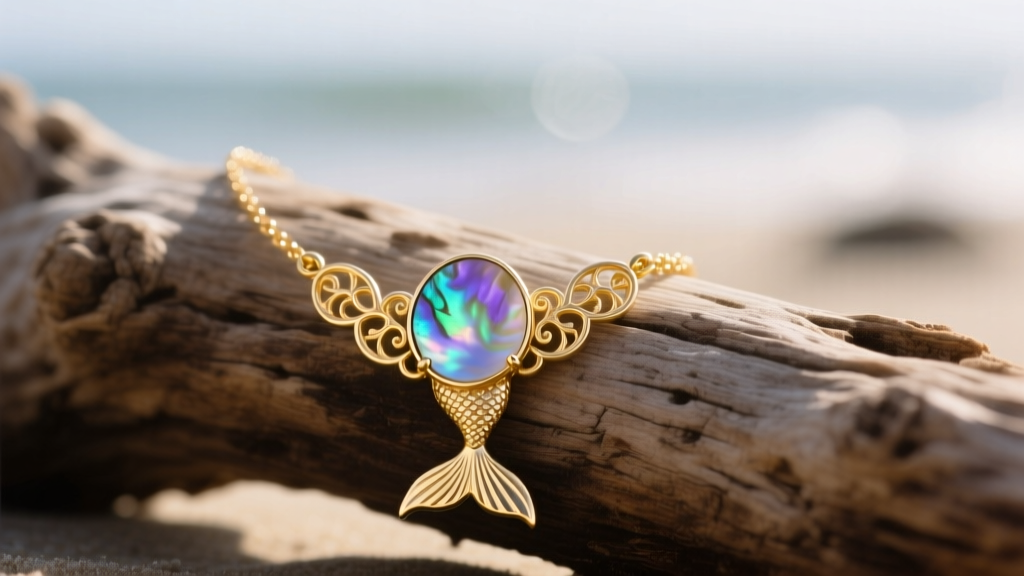 Close-up of a 14k gold little mermaid shell necklace on driftwood, featuring iridescent abalone inlay catching soft, warm sunlight.