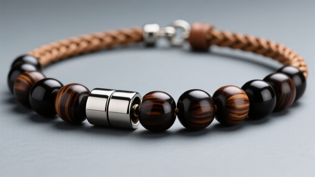 Macro shot of a baseball beads necklace with polished ebony wood beads, a steel barrel clasp, and braided leather on slate.