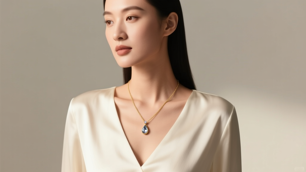 Woman in a V-neck silk blouse wearing an 18-inch delicate pendant necklace, showing the ideal neckline-to-chain length ratio.