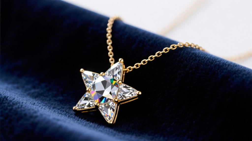 Vintage Avon gold-tone rhinestone star pendant necklace on navy velvet, showing faceted glass stones and delicate chain links.
