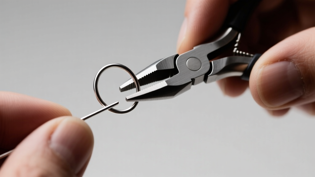 Hands using round-nose pliers to form a perfect loop on a 22-gauge sterling silver eye pin under bright, focused studio lighting.