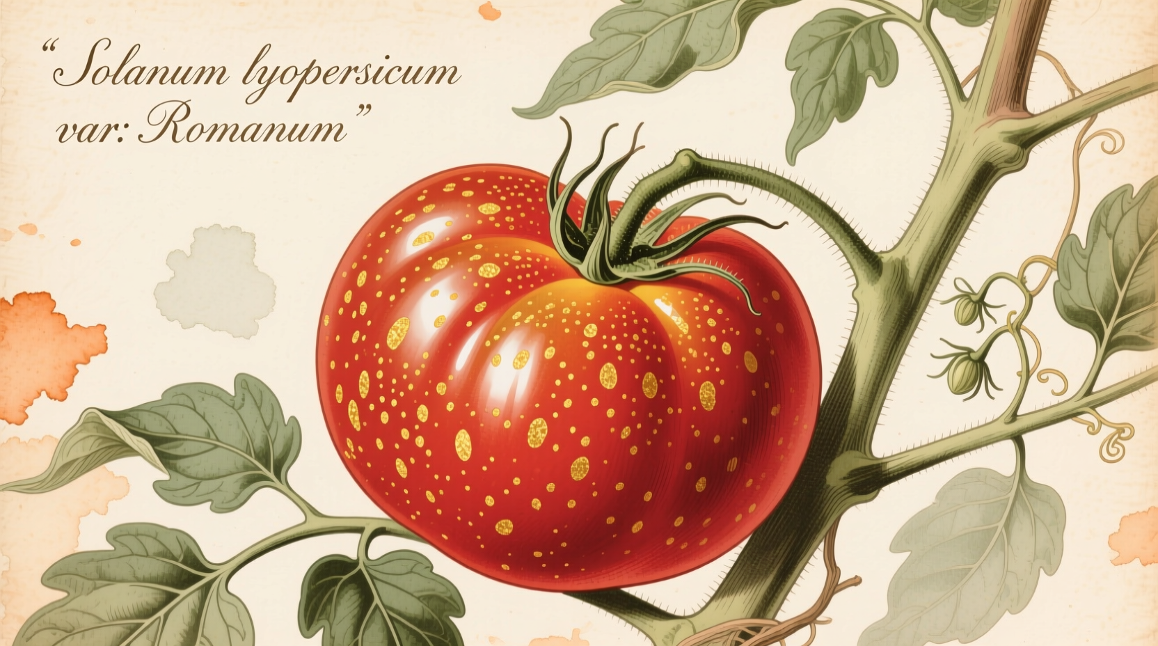 Speckled roman tomato on vine with golden speckles