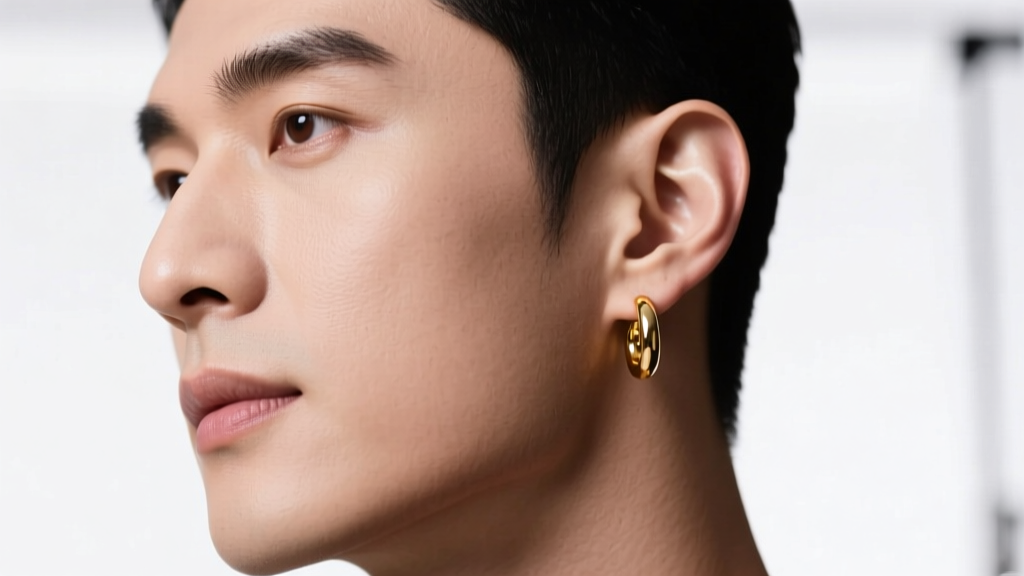 Portrait of a man wearing a matte 14k gold huggie earring on his lower lobe, studio lighting, sharp focus on the ear and jawline.