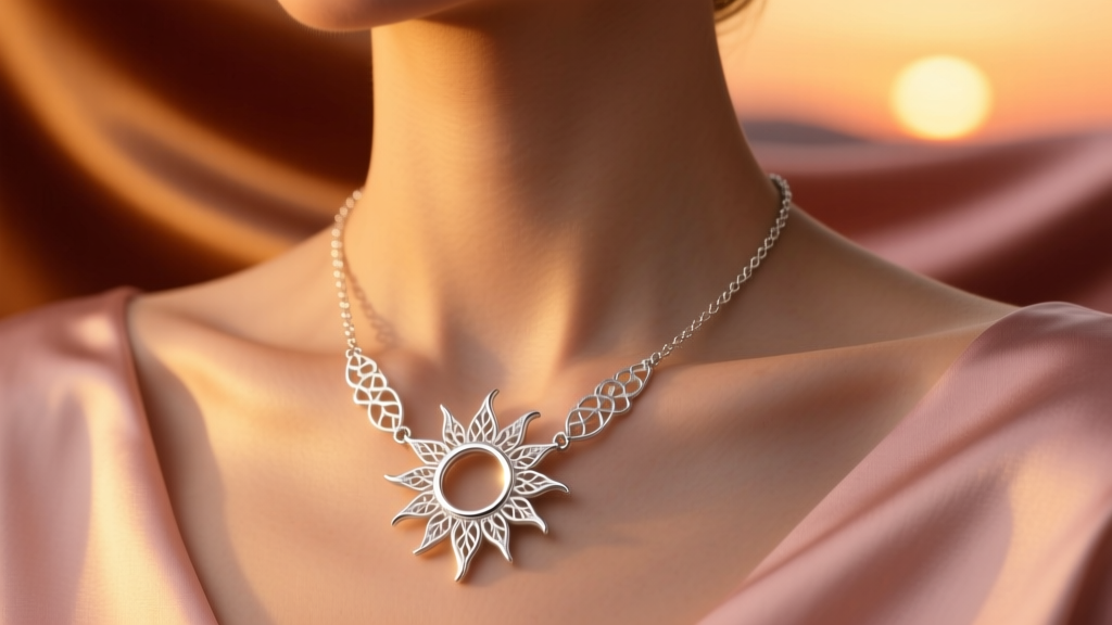 A radiant 925 silver sun necklace with filigree rays resting on a collarbone against a warm, sunset-lit silk backdrop.