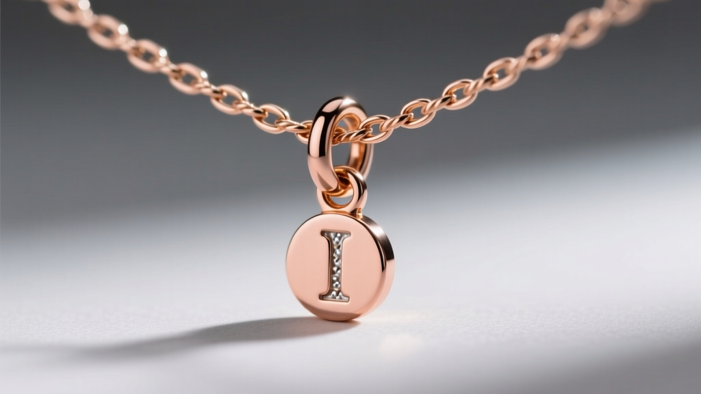 Macro view of a soldered jump ring connecting a rose gold initial charm to a 1.2mm rope chain against a soft grey backdrop.
