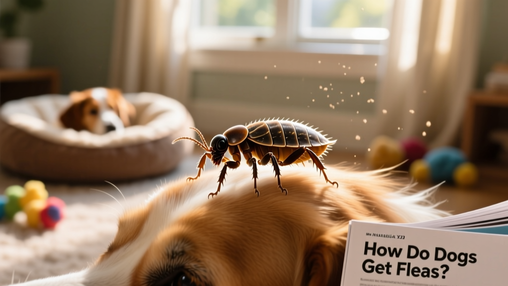 Close-up of a flea on a dog's fur, showing its small, flattened body and strong legs