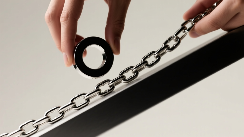 Hands holding a neodymium magnet sliding slowly down a 45-degree angled 925 sterling silver chain in a bright studio setting
