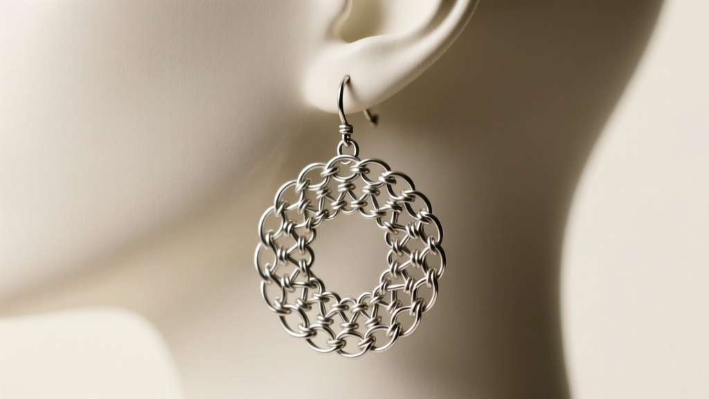 Close-up of silver Byzantine chainmaille earring patterns dangling from a mannequin ear, soft studio lighting, macro photography.