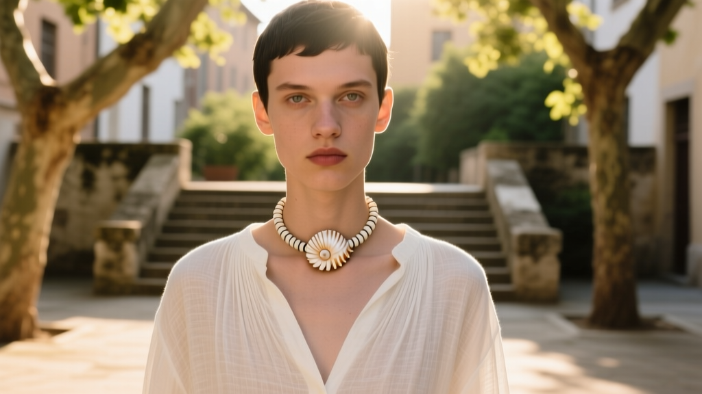 Person wearing a white whelk wampum choker necklace paired with a crisp linen shirt, illuminated by soft, warm natural sunlight.