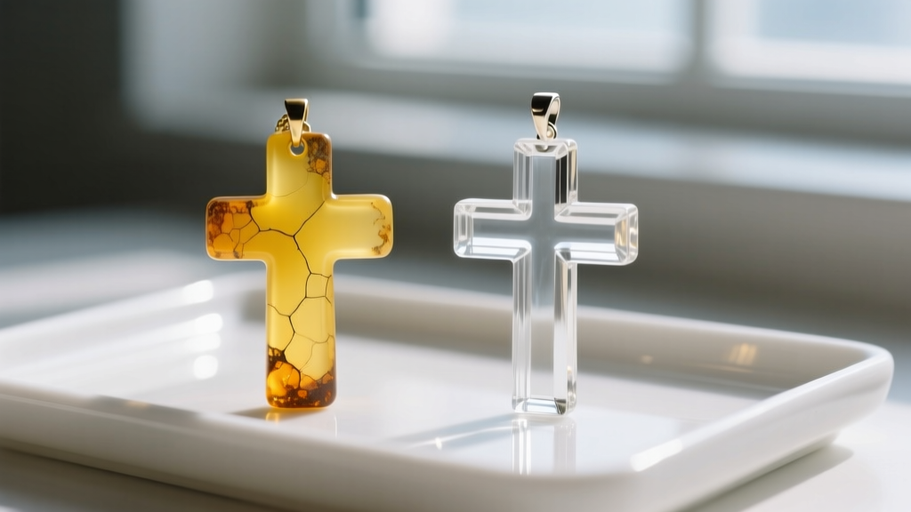 Macro shot of a yellowed epoxy resin plastic cross pendant beside a restored clear version on a clean white jeweler